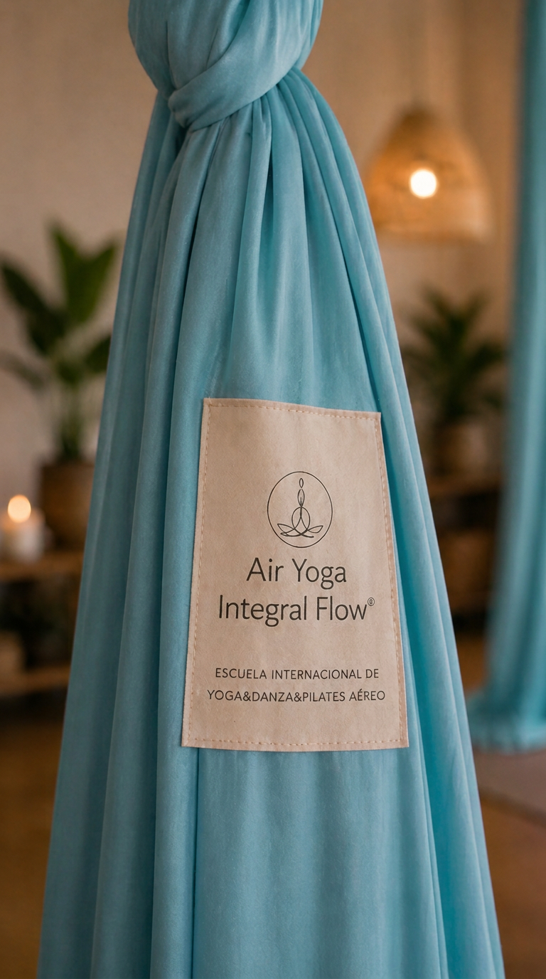 Tela de Air Yoga Integral Flow® en color turquesa con la etiqueta de la escuela